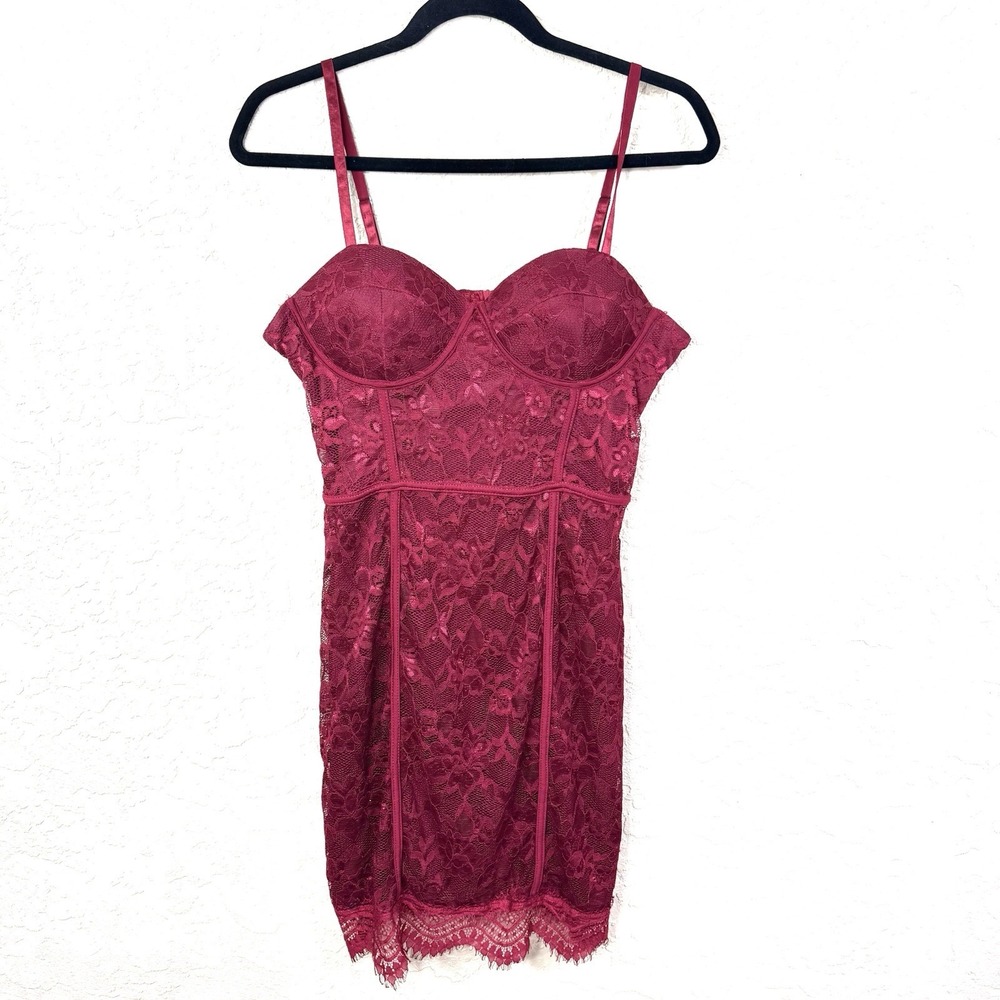 Iris Lace Corset Fitted‎ Mini Dress Womens L Dark Red Sexy Siren Vamp Lingerie
